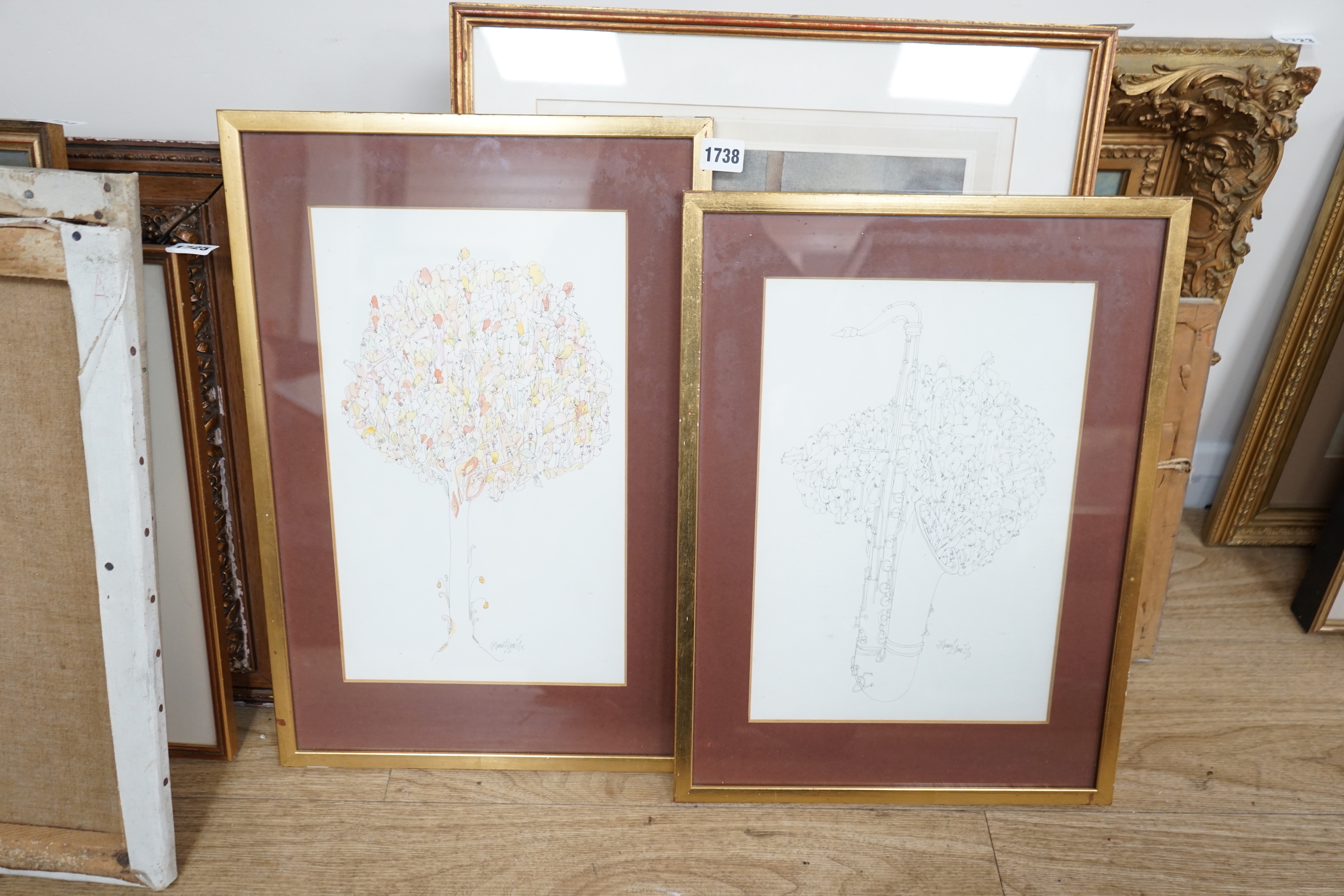 Diane Elson (b. 1953), two ink and washes, Surreal compositions, tree and trumpet, each signed and dated '73, largest 38 x 22cm